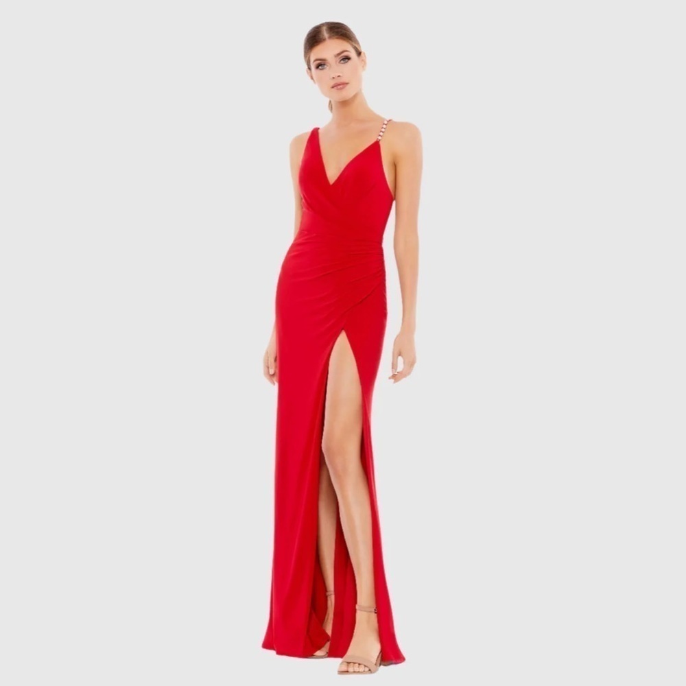 Mac Duggal 26532 NWT ASYMMETRICAL PEARL STRAP V-NECK GOWN